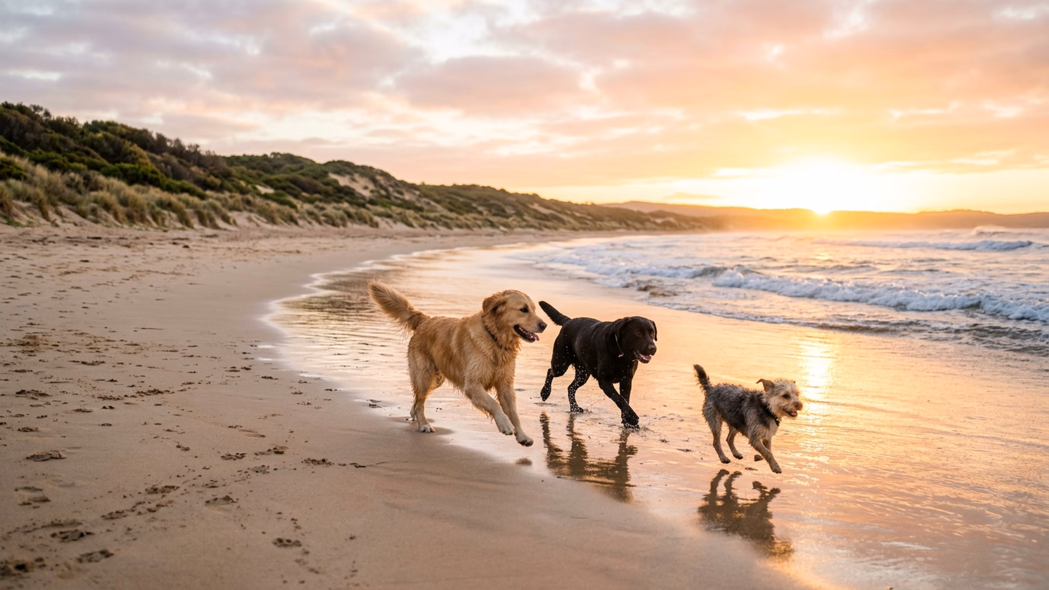 Three dogs running along wet sand on a beautiful Australian beach at sunrise