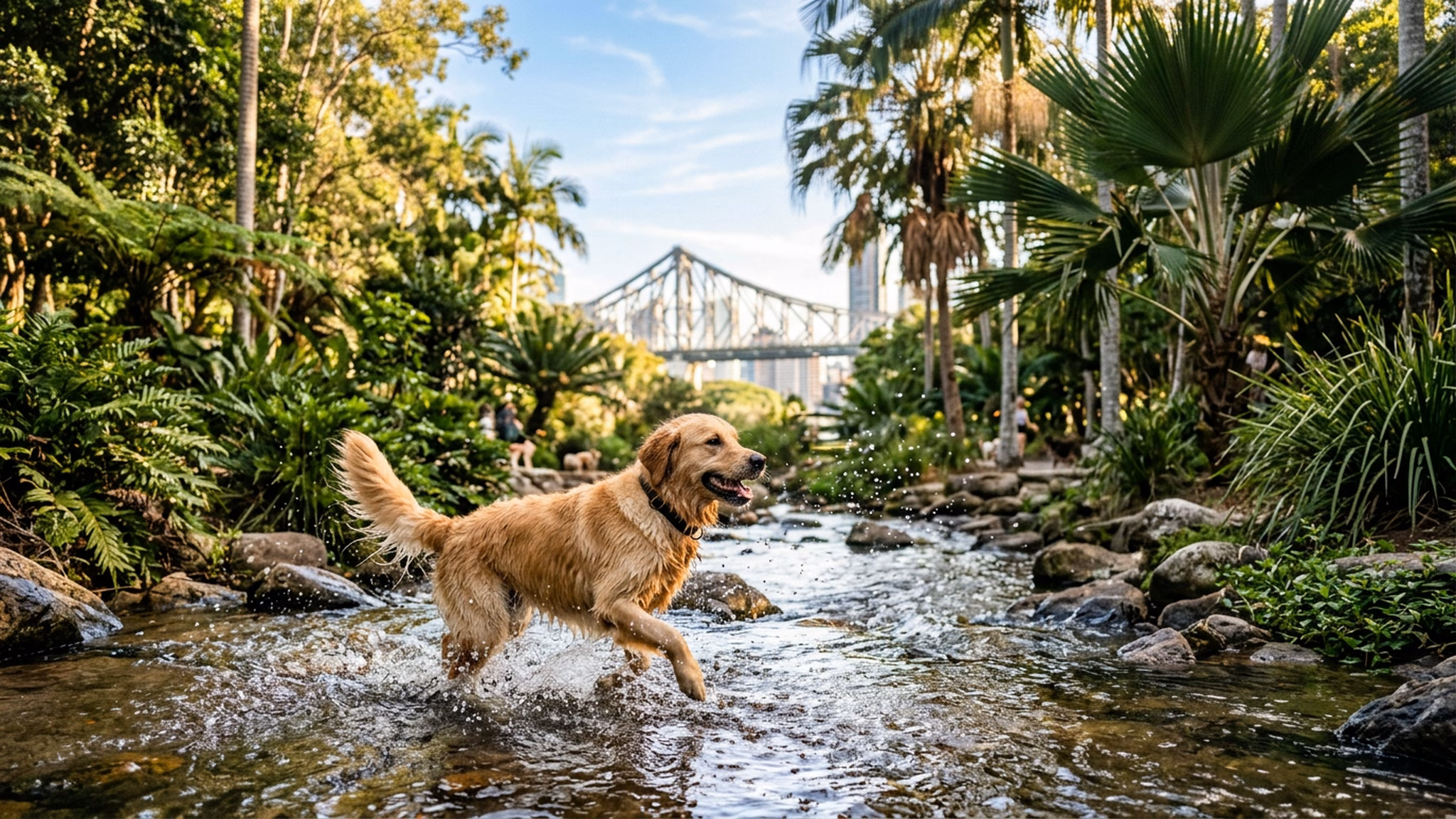 Dog splashing in creek at a Brisbane dog park with subtropical vegetation