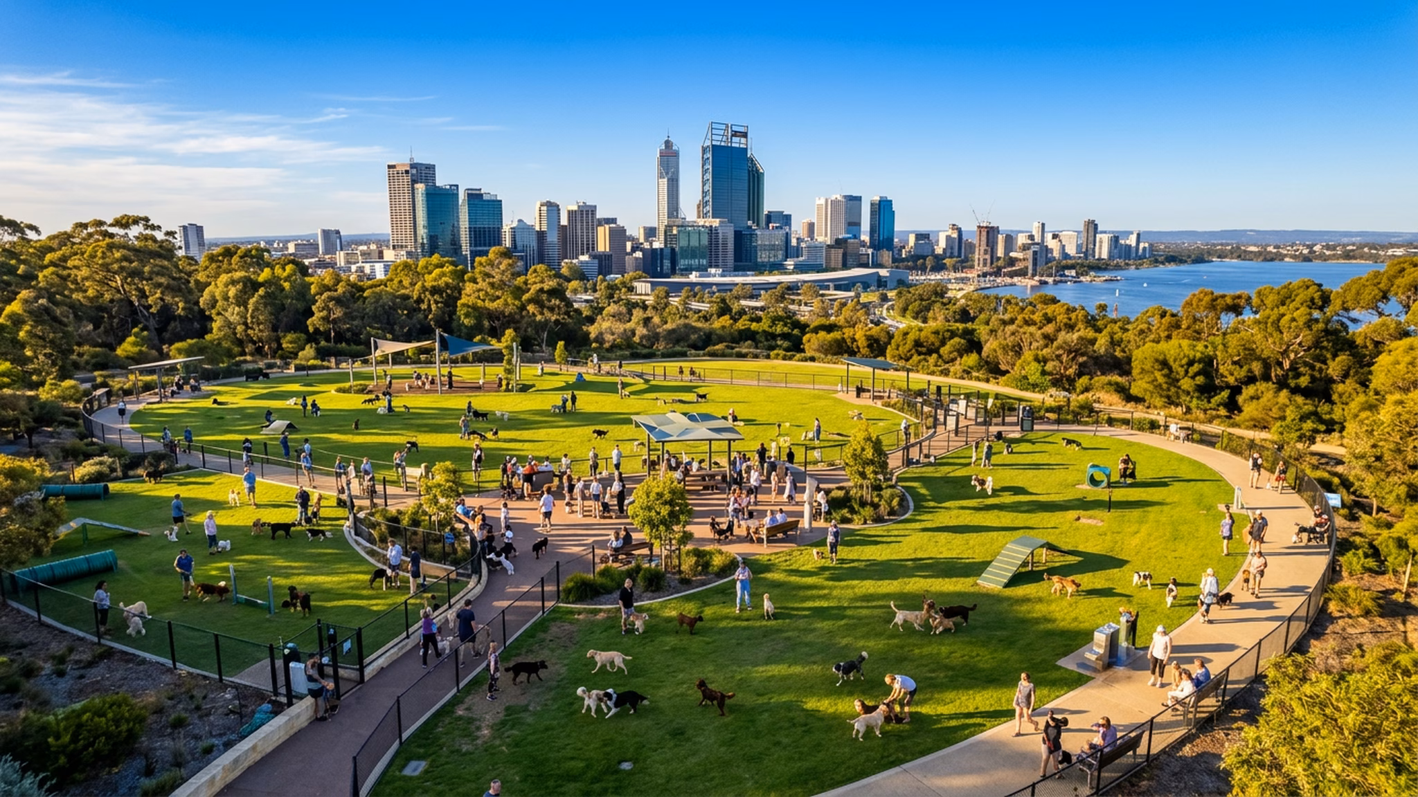 Aerial view of a large modern dog park in Perth, Western Australia