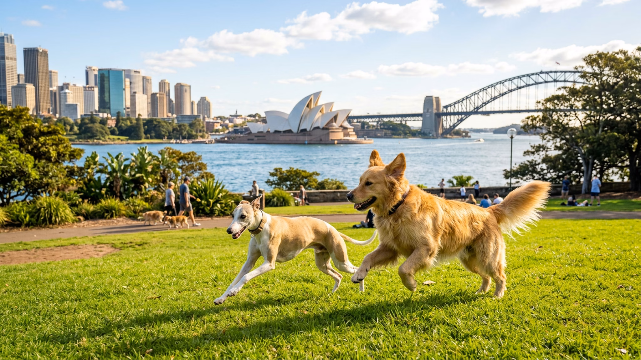 Dogs playing at an off-leash park overlooking Sydney Harbour