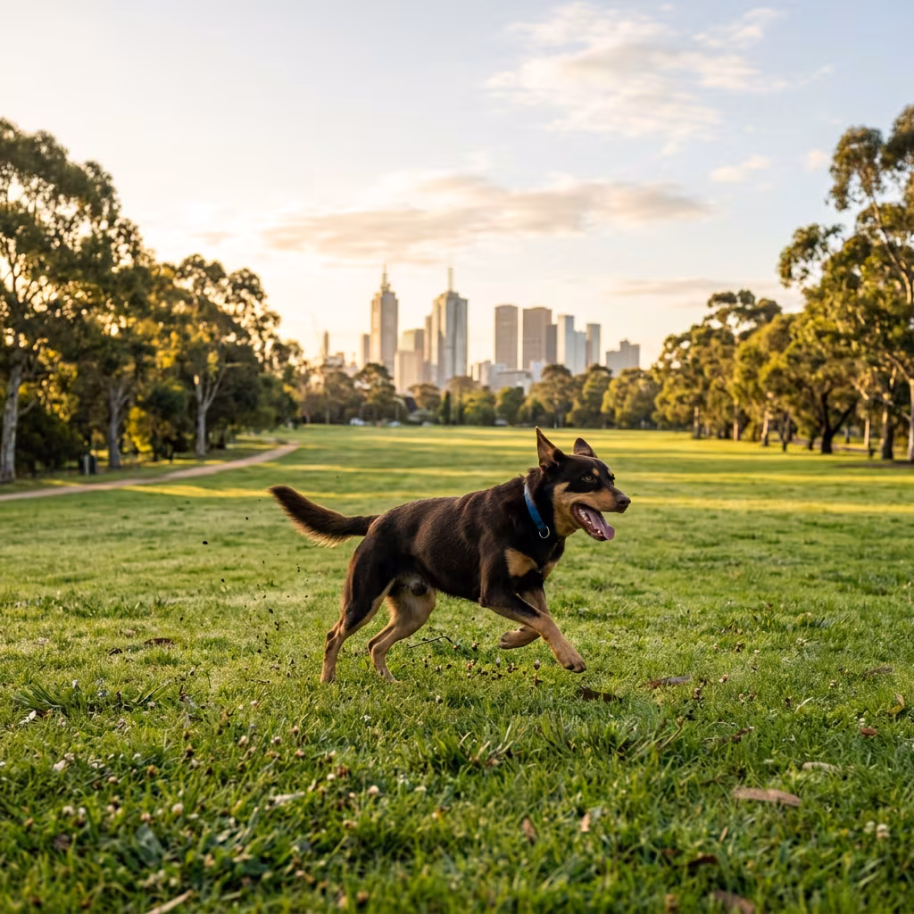 Dogs playing at a Melbourne off-leash park with city skyline