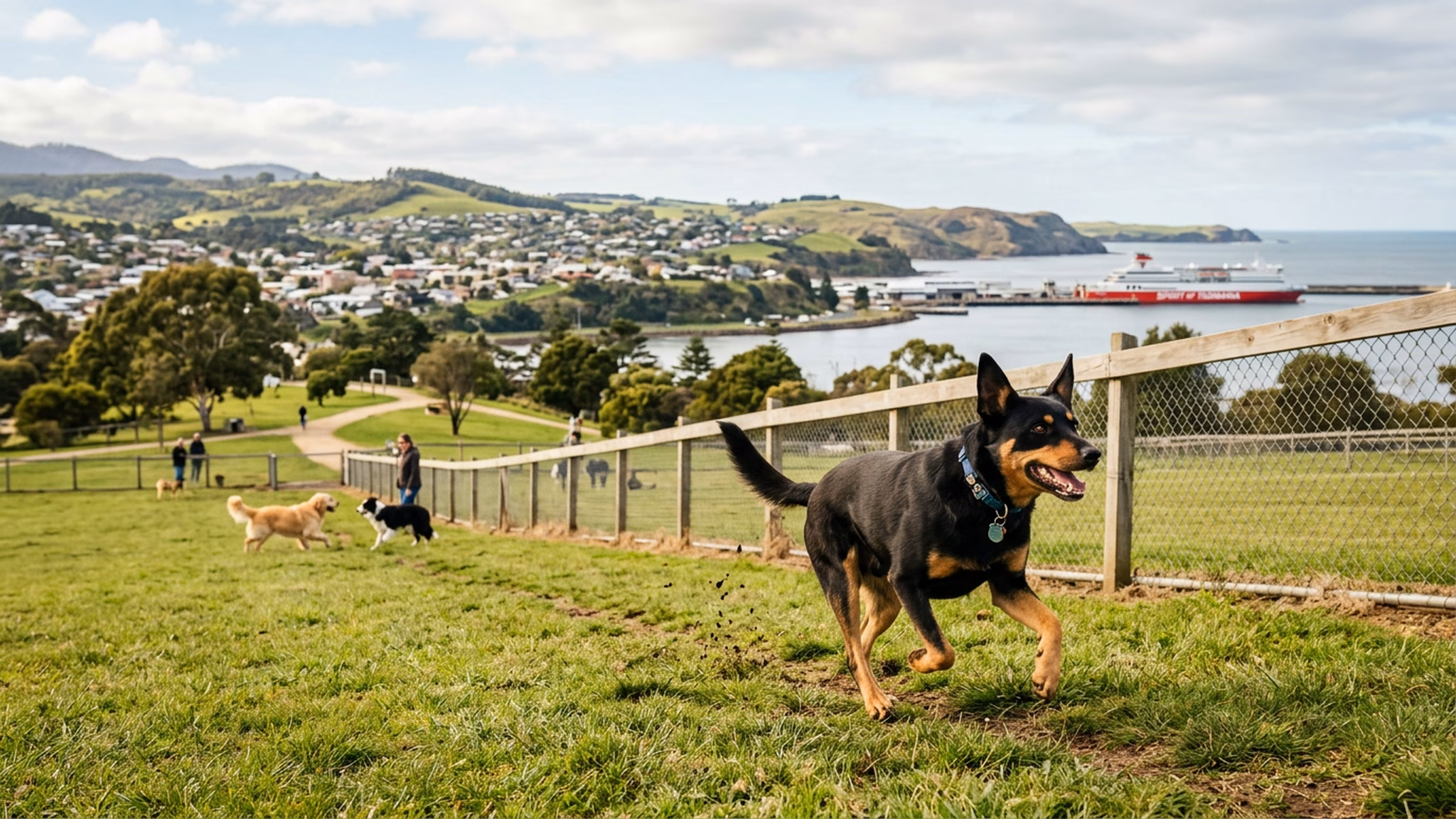 Australian kelpie running at the fenced Devonport Dog Park in Tasmania