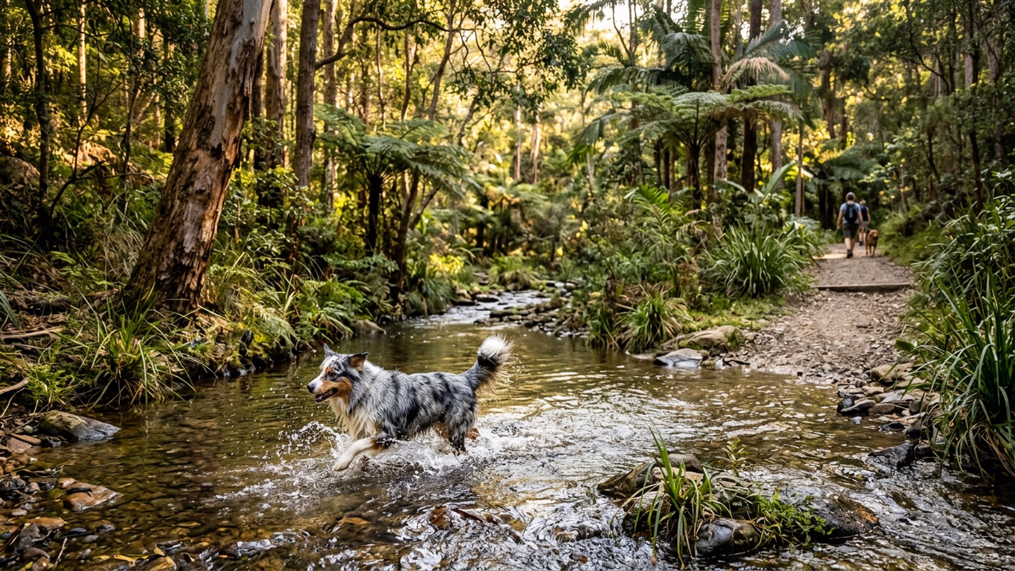Dog splashing through shallow creek water at Downfall Creek reserve in Chermside, Brisbane