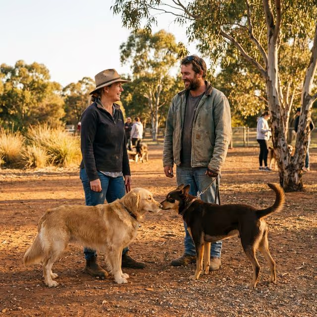 Two dog owners talking while their leashed dogs politely greet each other at a dog park
