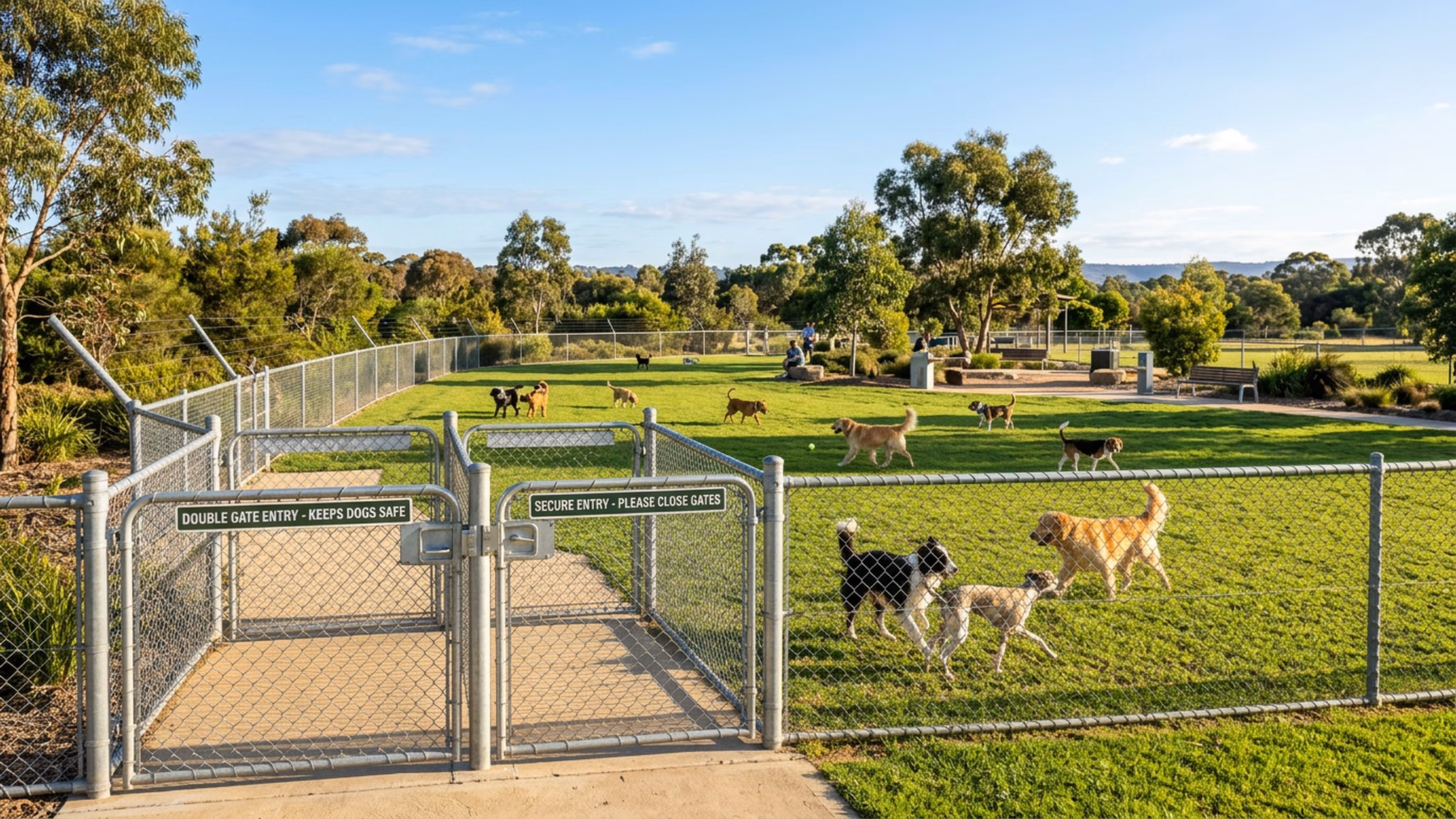 Fully fenced dog park with double-gate entry and dogs playing safely inside