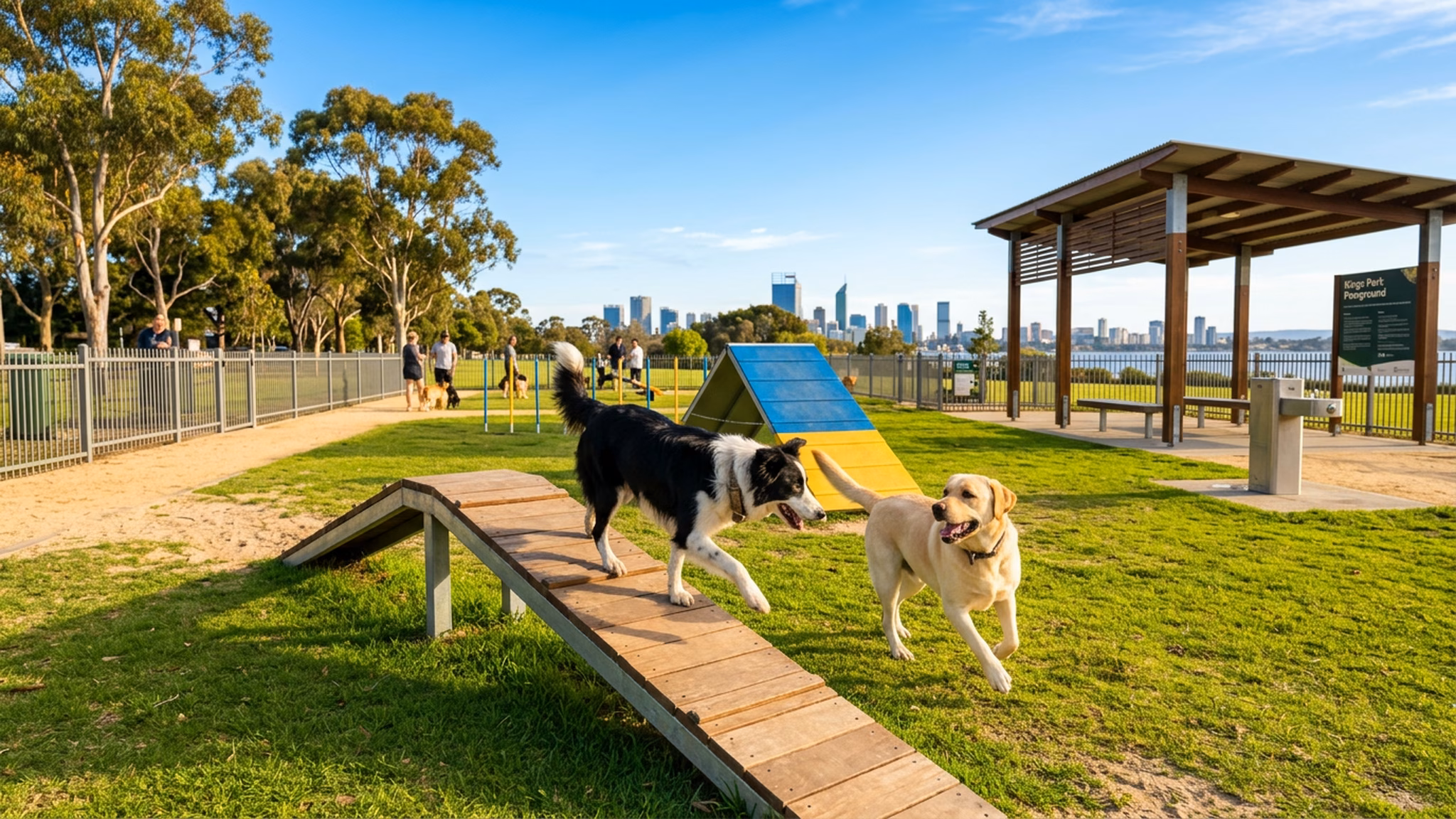 Border collie and labrador playing on agility equipment at Kingsway Dog Park in Madeley, Perth
