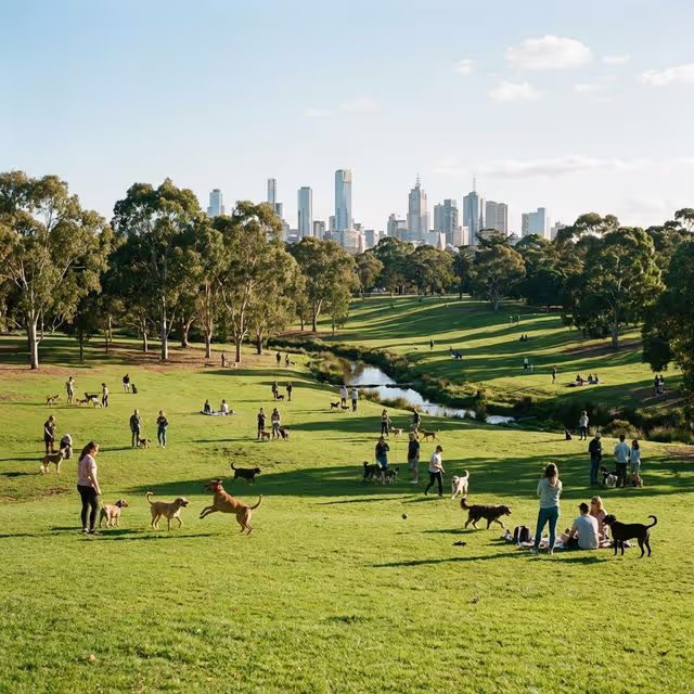 Dog owners and their pets playing in a large off-leash dog park in Melbourne