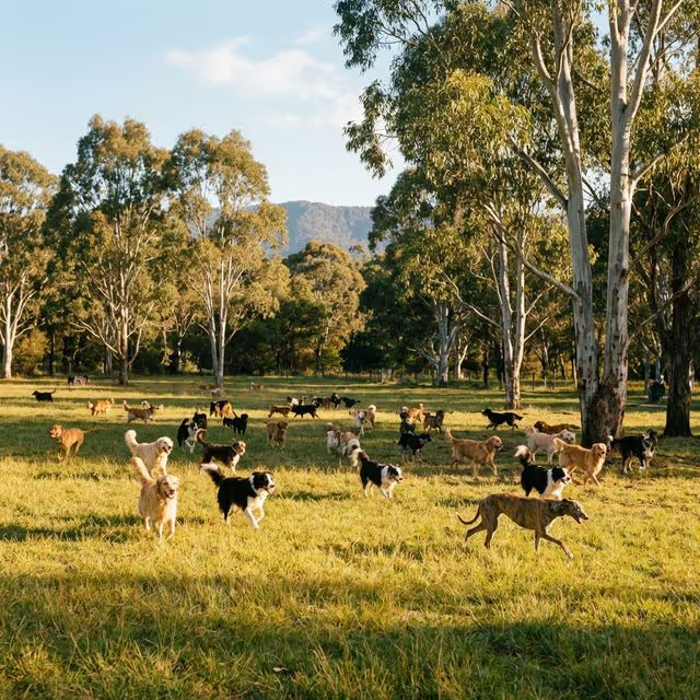 Grassy off-leash dog park surrounded by eucalyptus trees in Melbourne