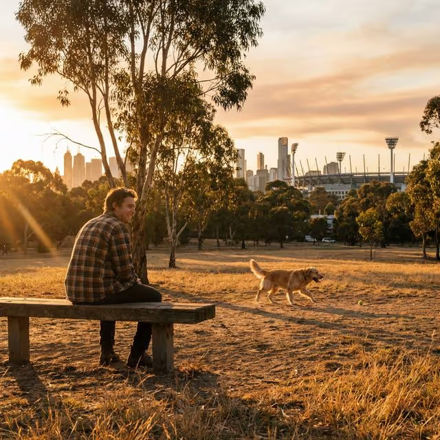 Dog owner sitting on a bench watching their dog play off-leash at golden hour in Melbourne