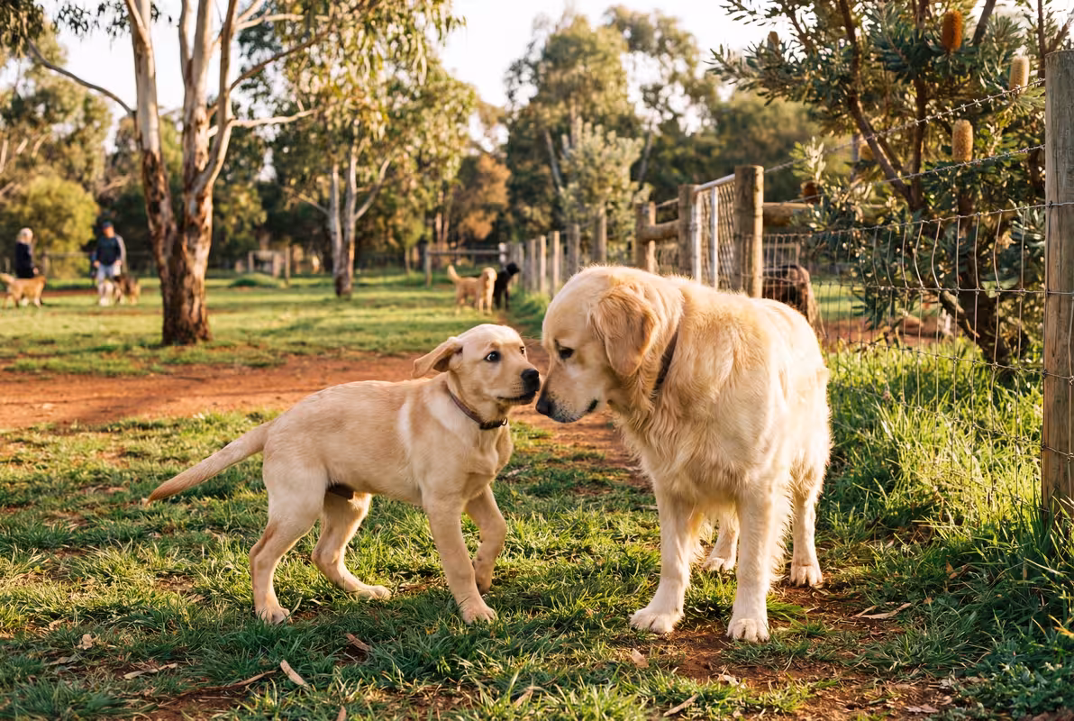 Dogs playing off-leash in a green Melbourne park with eucalyptus trees in golden hour light