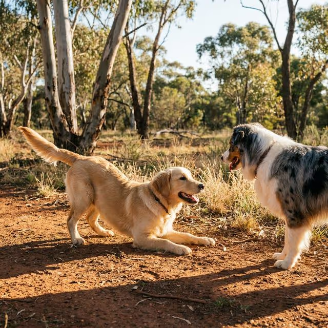Happy puppy performing a play bow to initiate play with another dog at a park