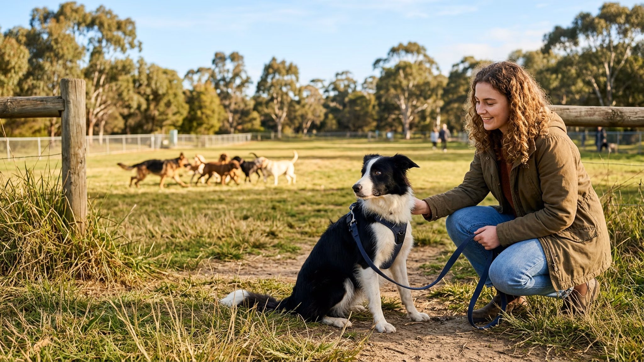 Nervous border collie on lead at the edge of an Australian dog park, watching other dogs