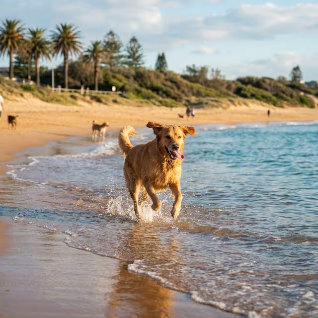 Dog running happily in shallow water at a dog-friendly beach in Sydney Northern Beaches